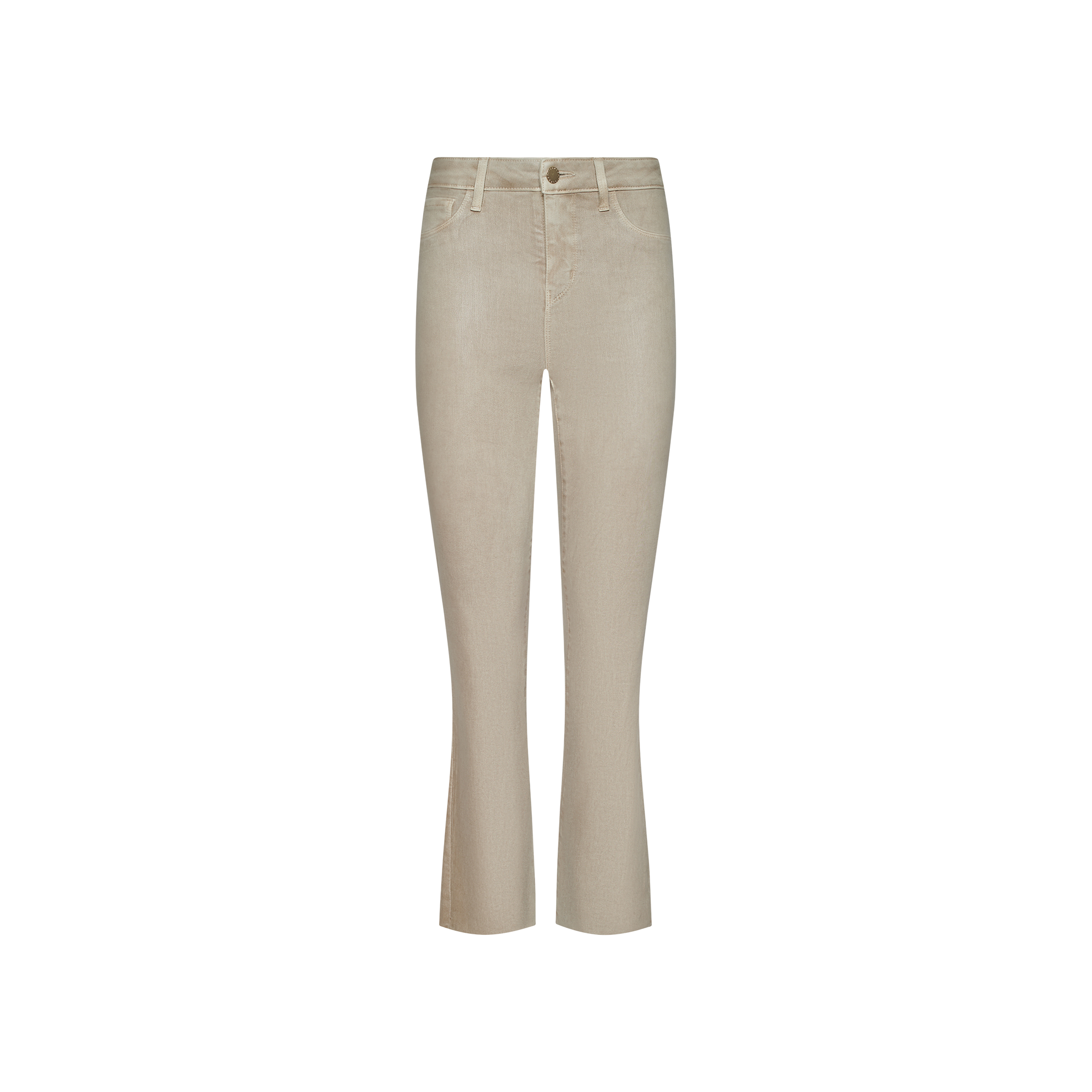 Kendra Coated Cropped Flare Jean in beige corduroy, featuring a high rise, front button and zipper closure, classic five-pocket design, and slightly flared cropped legs, displayed on a plain white background.