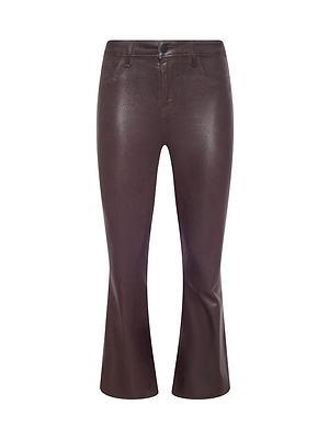 The Kendra Coated Cropped Flare Jean is a brown, high-waisted, leather-look pant with a slight flare, front button and zipper closure, and classic five-pocket design.