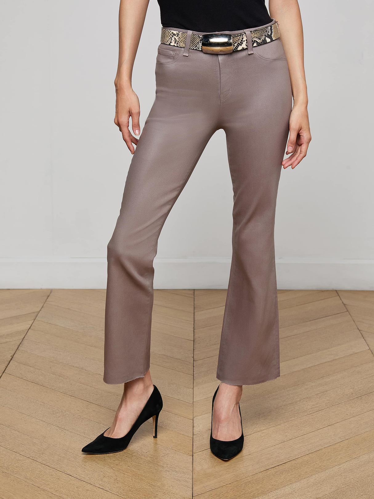 Kendra Coated Cropped Flare Jean in Driftwood Coated | L'AGENCE