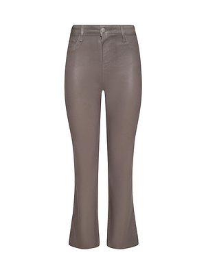 The L'AGENCE Kendra Coated Cropped Flare Jean features a taupe hue, high-rise fit, belt loops, front pockets, and button-zip closure, shown against a plain white background.