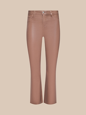 The Kendra Coated Cropped Flare Jean features shiny metallic rose gold coated denim, a high-rise fit, cropped flare silhouette, button and zip closure, and front/back pockets, shown on a plain beige background.