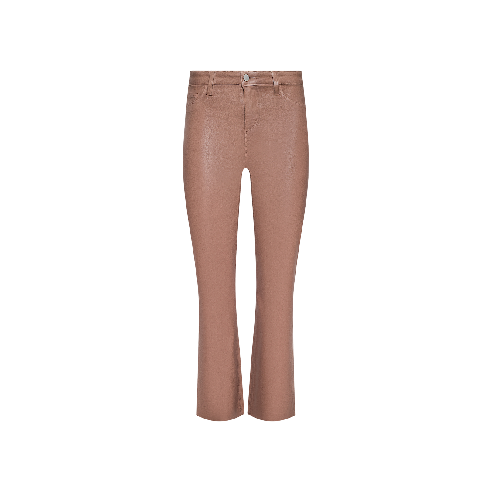 Cropped image of the Kendra Coated Cropped Flare Jean in light brown coated denim, featuring a high rise, bootcut silhouette with belt loops, front pockets, and a button and zipper closure, displayed on a plain white background.