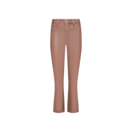 The Kendra Coated Cropped Flare Jean is a high-rise, light brown pant crafted from coated denim. Featuring a button and zip closure, these slightly flared jeans include both front and back pockets and are displayed on a plain white background.
