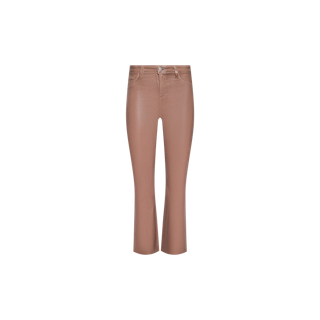 Cropped image of the Kendra Coated Cropped Flare Jean in light brown coated denim, featuring a high rise, bootcut silhouette with belt loops, front pockets, and a button and zipper closure, displayed on a plain white background.