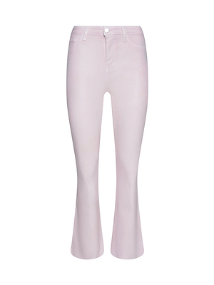 The Kendra Coated Cropped Flare Jean features a light pink hue, high-rise fit, cropped flare legs, front pockets, belt loops, and a button-and-zip closure, shown on a plain white background.