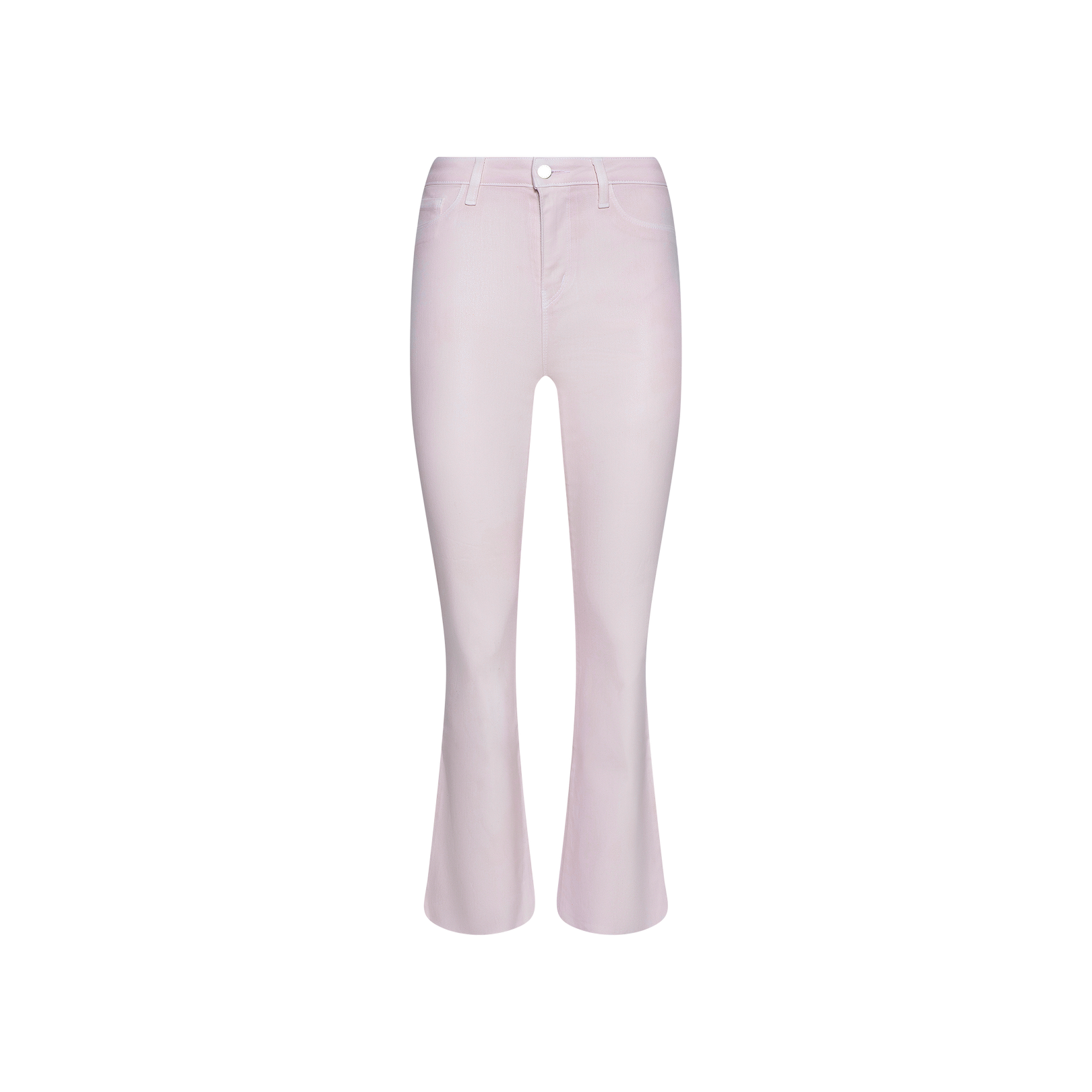 The Kendra Coated Cropped Flare Jean is shown in a light pink color on a white background, featuring front pockets, belt loops, and a button closure with a high-rise flare silhouette.