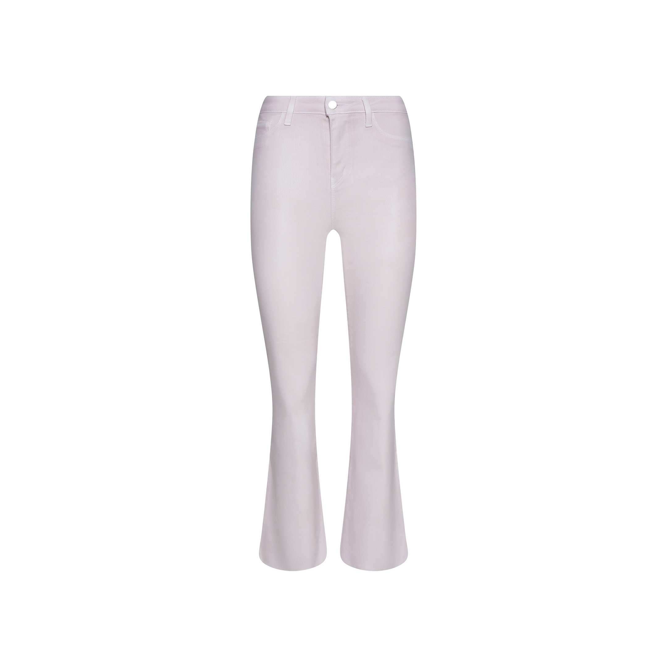 The Kendra Coated Cropped Flare Jean in light pink features a high-rise fit with a front button and zip closure, displayed against a plain white background.