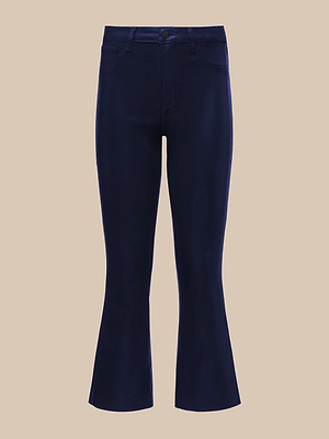 The Kendra Coated Cropped Flare Jean features premium denim, a high-waisted fit, flared legs, front and back pockets, belt loops, and a button-zip closure, shown on a beige background.