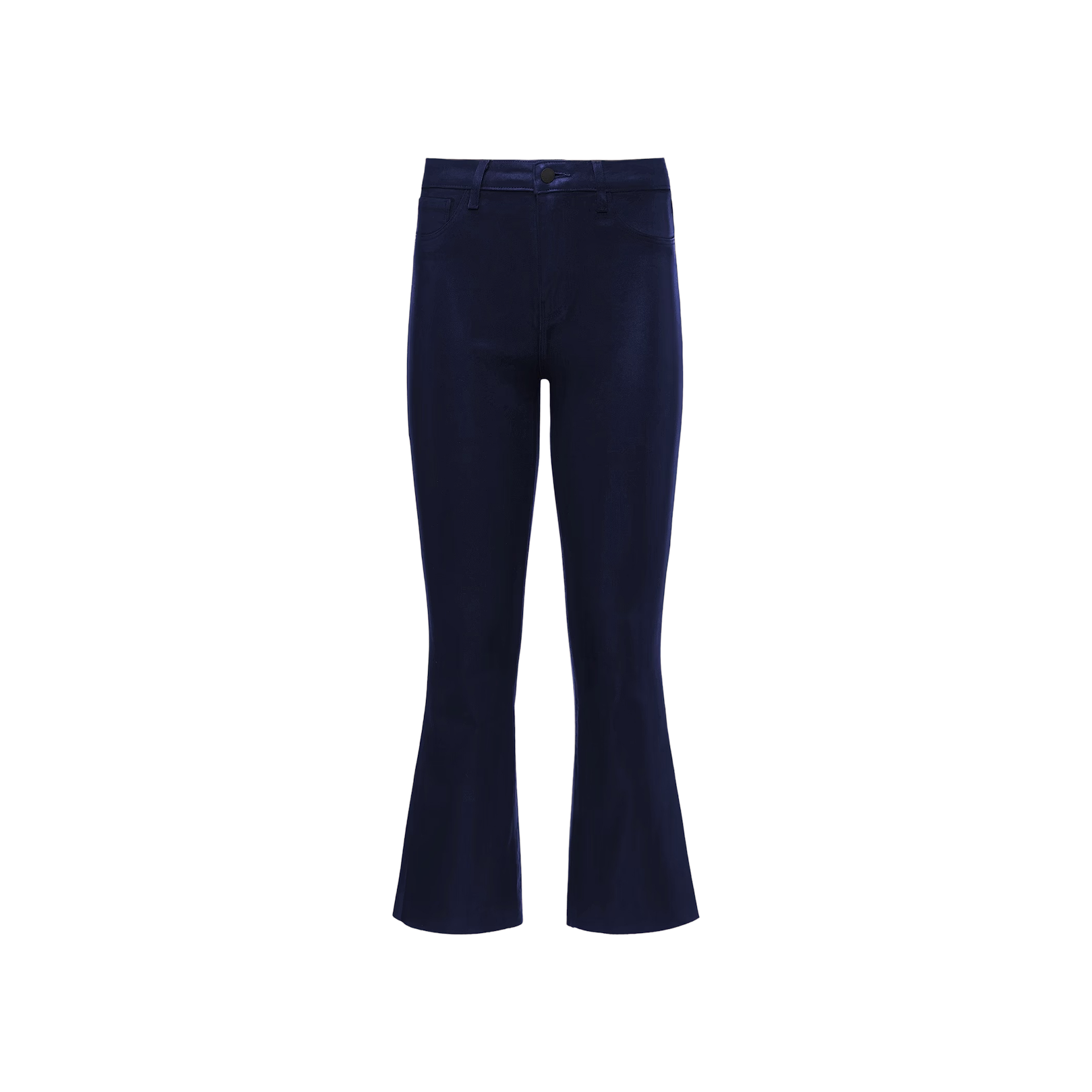The Kendra Coated Cropped Flare Jean is shown in dark blue against a plain white background. These high-rise jeans feature a cropped flare silhouette, front pockets, belt loops, and a classic five-pocket design.