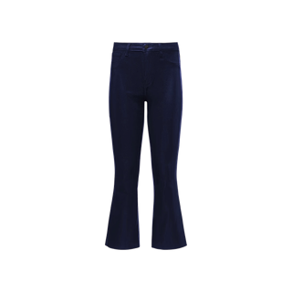The Kendra Coated Cropped Flare Jean is shown in dark blue against a plain white background. These high-rise jeans feature a cropped flare silhouette, front pockets, belt loops, and a classic five-pocket design.