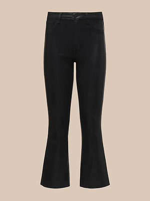 The Kendra Coated Cropped Flare Jean, a black high-rise style with front and back pockets, belt loops, and button-zip closure, is displayed against a beige background.