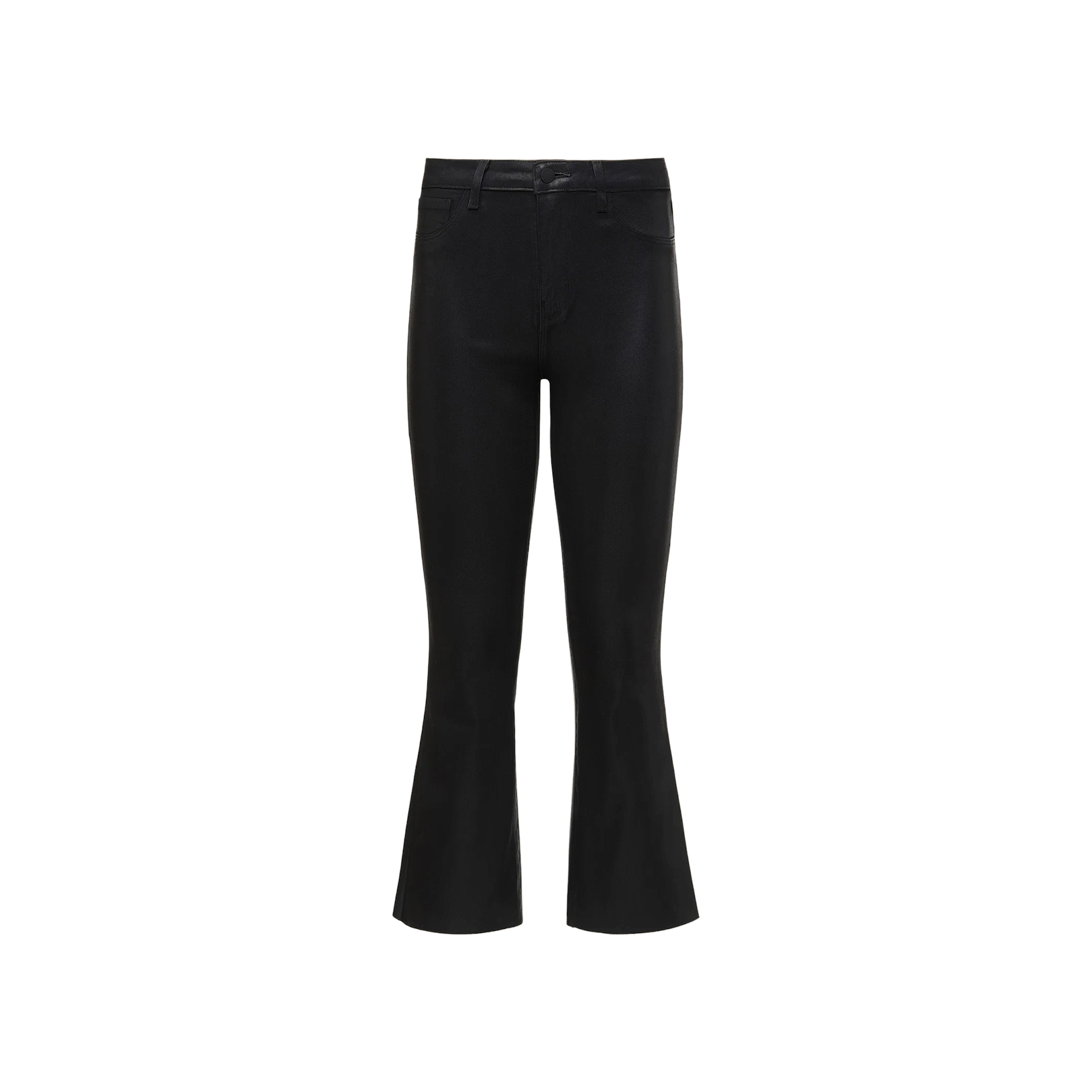 Kendra Coated Cropped Flare Jean featuring a high rise waist, front and back pockets, and a slightly flared leg, displayed on a white background.