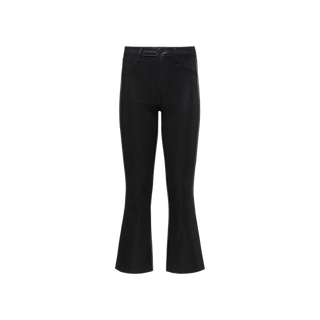 Kendra Coated Cropped Flare Jean featuring a high rise waist, front and back pockets, and a slightly flared leg, displayed on a white background.