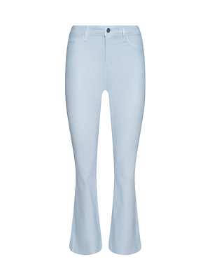 The Kendra Coated Cropped Flare Jean features a light blue wash, high rise fit, button and zip closure, belt loops, and front and back pockets, displayed on a plain white background.