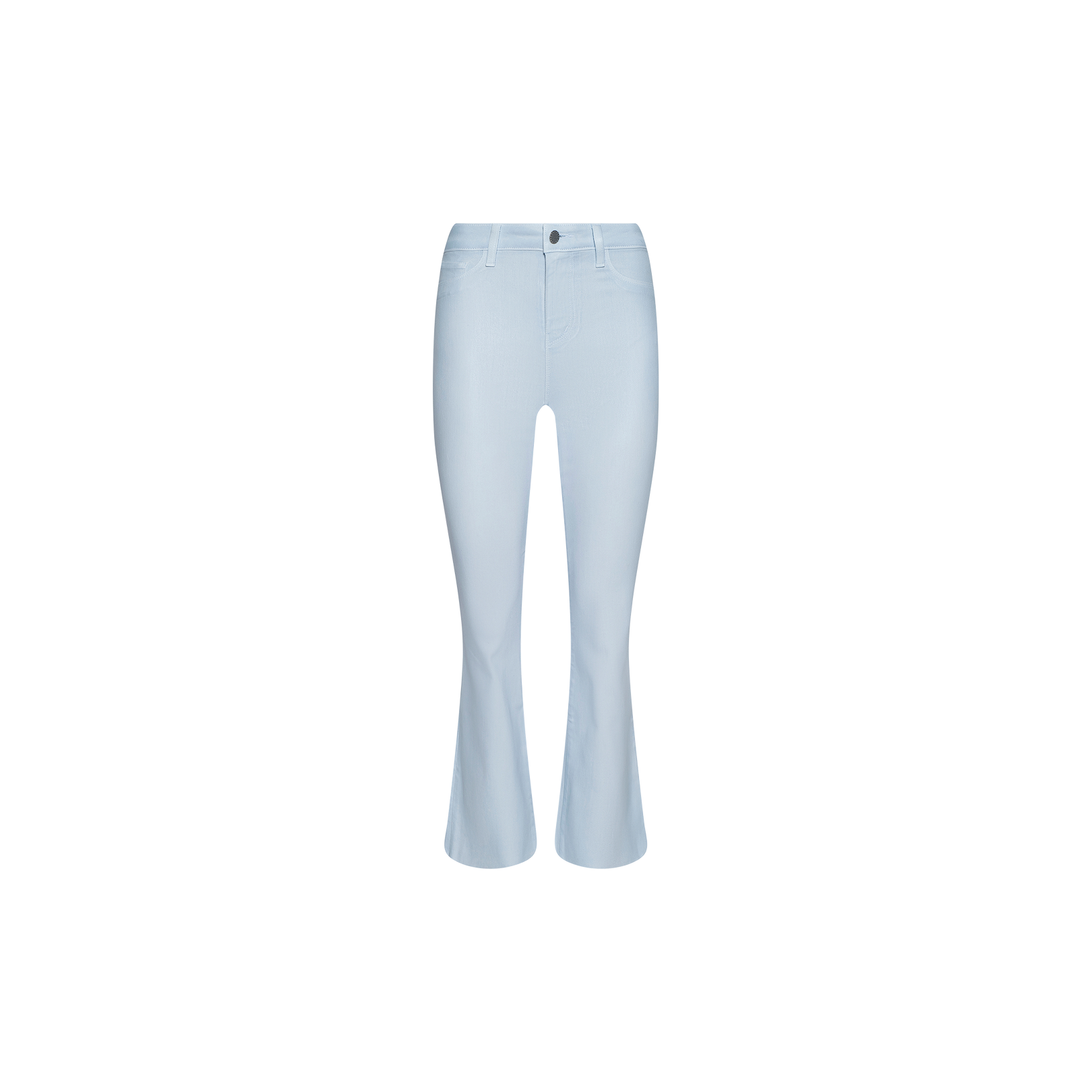 The Kendra Coated Cropped Flare Jean is a light blue, high rise women’s jean featuring a slight flare at the ankle and front button and zip closure, displayed on a plain white background.