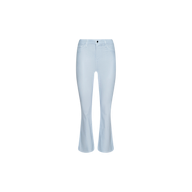 The Kendra Coated Cropped Flare Jean is a light blue, high rise women’s jean featuring a slight flare at the ankle and front button and zip closure, displayed on a plain white background.