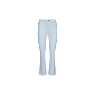 The Kendra Coated Cropped Flare Jean is a light blue, high rise women’s jean featuring a slight flare at the ankle and front button and zip closure, displayed on a plain white background.