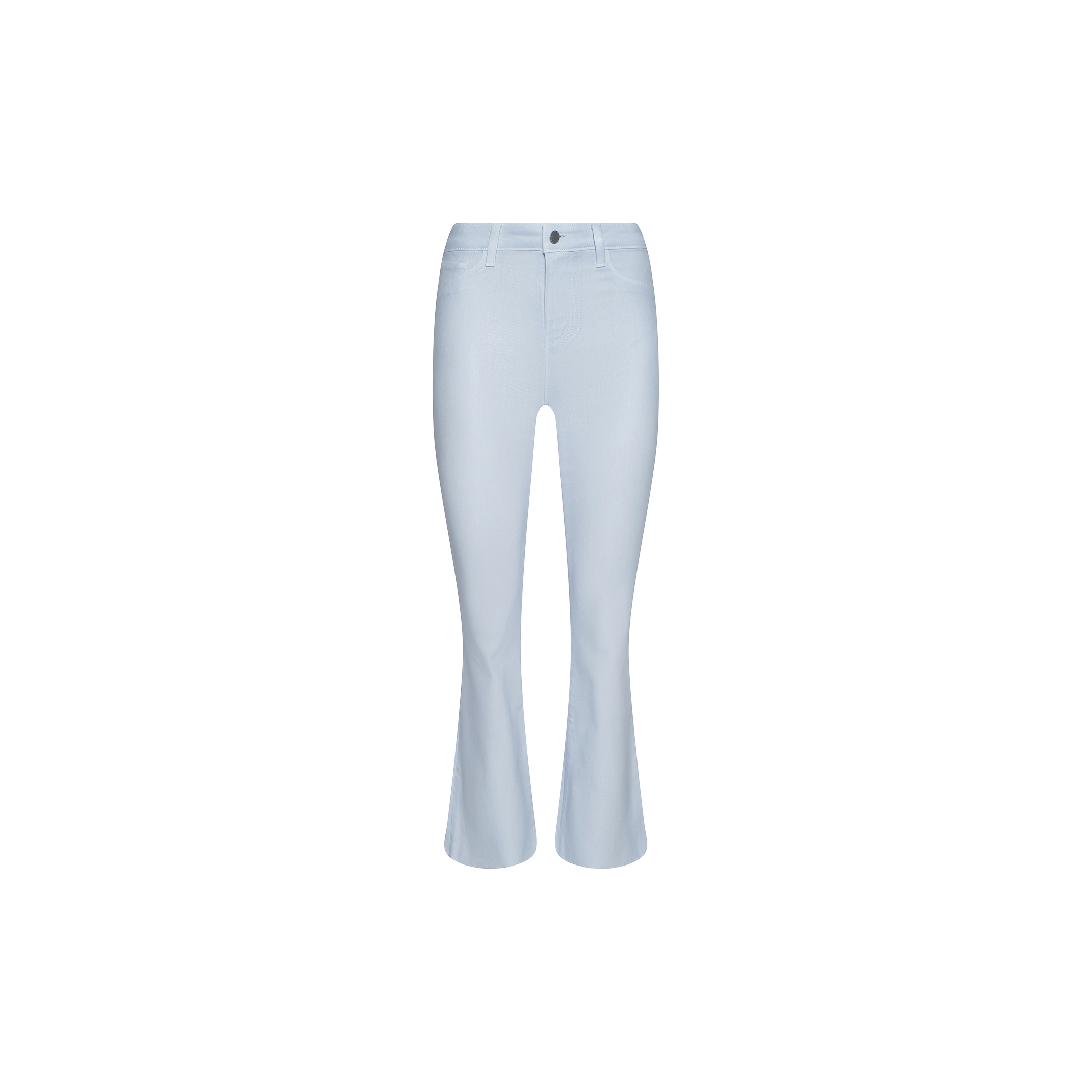 The Kendra Coated Cropped Flare Jean is a light blue, high rise women’s jean featuring a slight flare at the ankle and front button and zip closure, displayed on a plain white background.