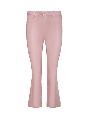 The Kendra Coated Cropped Flare Jean features a light pink, high-waisted fit with belt loops, button and zip closure, two front pockets, a cropped flare silhouette, and a slightly shiny coated denim finish.