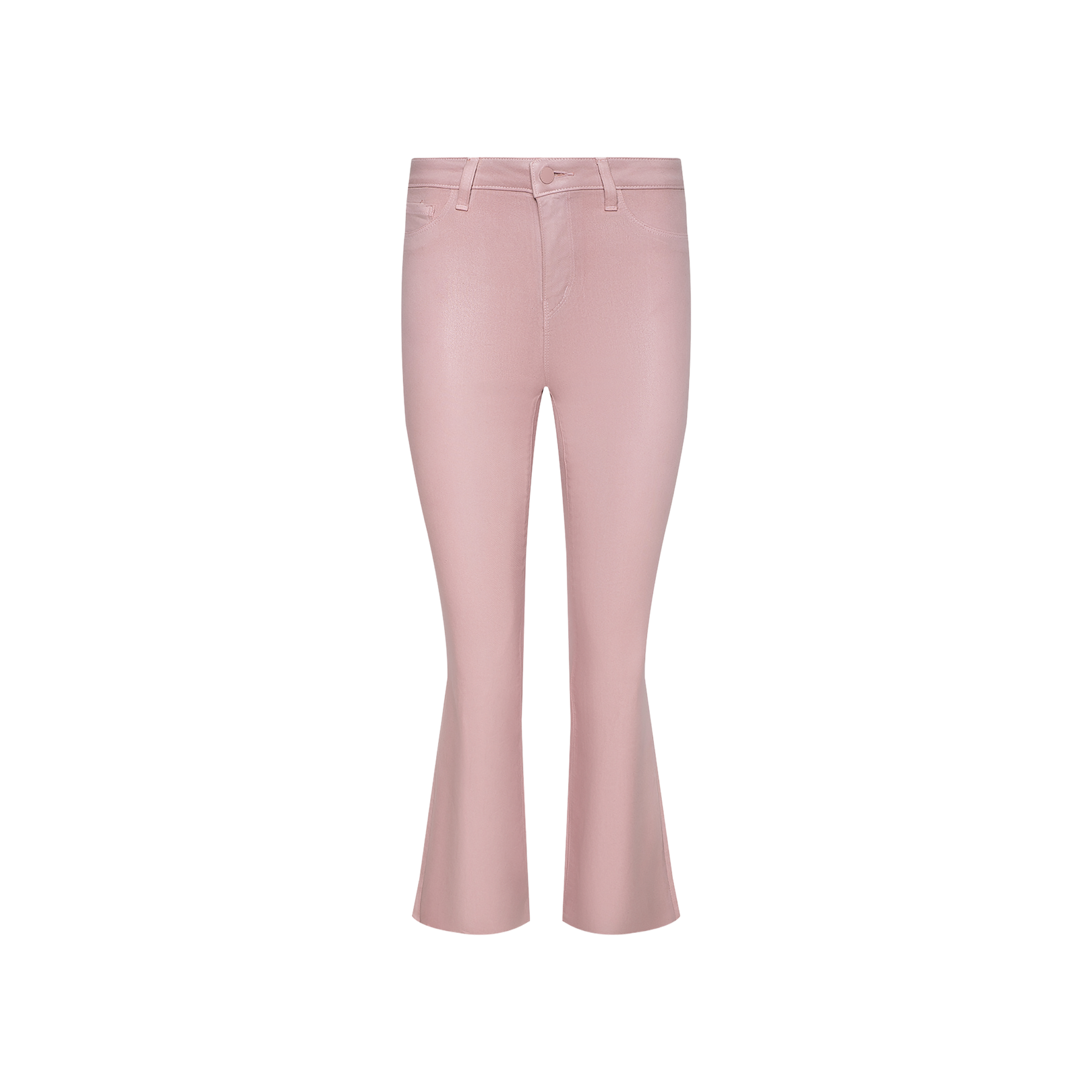 The Kendra Coated Cropped Flare Jean, shown in light pink on a plain white background, features a high-rise waist, flared cropped legs, front pockets, a button closure, and belt loops.