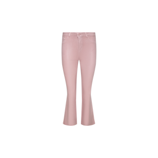 The Kendra Coated Cropped Flare Jean, shown in light pink on a plain white background, features a high-rise waist, flared cropped legs, front pockets, a button closure, and belt loops.