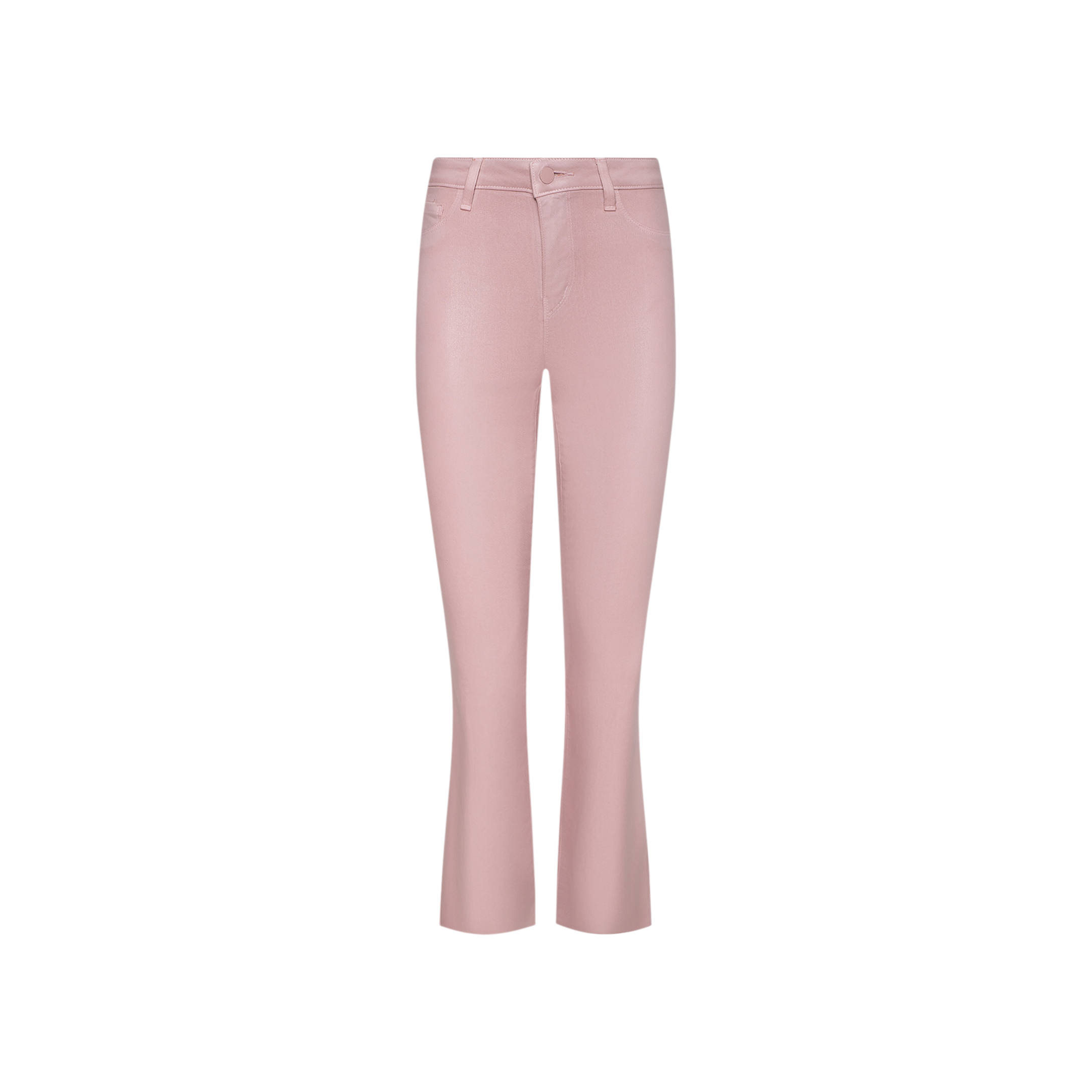 Kendra Coated Cropped Flare Jean featuring a pink hue, button and zip closure, belt loops, front pockets, and crafted from a leather-alternative fabric is displayed on a white background.