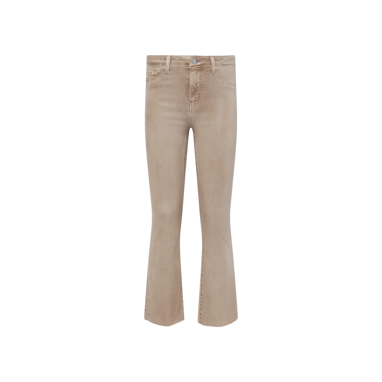 A pair of light beige, mid-rise Kendra Coated Cropped Flare Jeans crafted from coated denim, displayed on a white background.