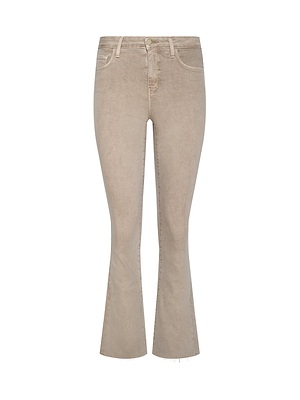 Kendra Cropped Flare Jean in beige features a high waist, bootcut flare, super stretch tan denim, raw hem, front and back pockets, belt loops, and button-zip closure. Shown on a white background.