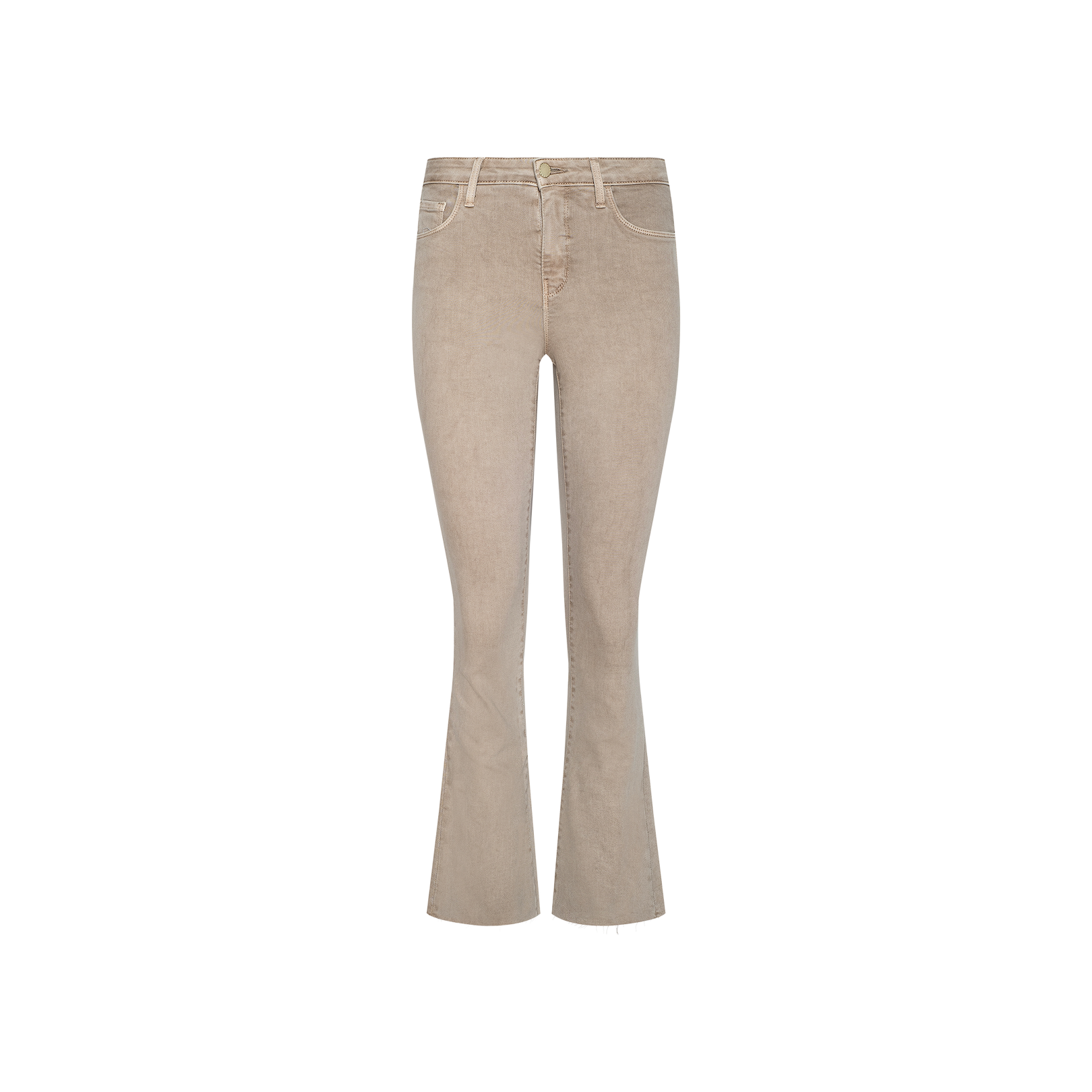 The Kendra Cropped Flare Jean is a beige, high-waisted style crafted from super stretch denim, featuring front pockets, belt loops, and a button closure. Displayed on a plain white background, its neutral tan shade adds versatility to this chic cropped flare silhouette.