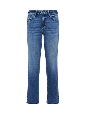 The L'AGENCE Milana Slouchy Stovepipe Jean features a straight-leg cut, classic five-pocket style, button and zip fly, and blue wash with subtle fading on the thighs and knees for a vintage look.
