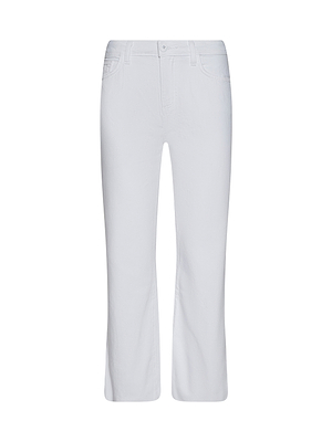 The Wanda Cropped Wide-Leg Jean features a white wash, front and back pockets, button closure, and belt loops. Perfect for a classic look, these wide-leg jeans are displayed on a plain white background.