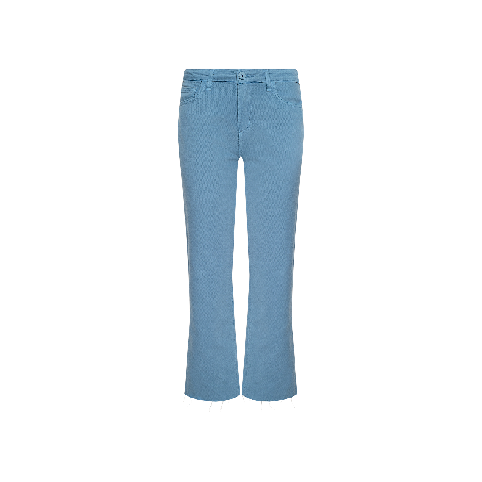 The Wanda Cropped Wide-Leg Jean features a light blue wash, mid-rise waist, wide-leg silhouette, five pockets, and raw unfinished hems, all displayed on a plain white background for effortless Parisian style.