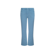 The Wanda Cropped Wide-Leg Jean features a light blue wash, mid-rise waist, classic five-pocket design, and frayed hems, shown against a plain white background.