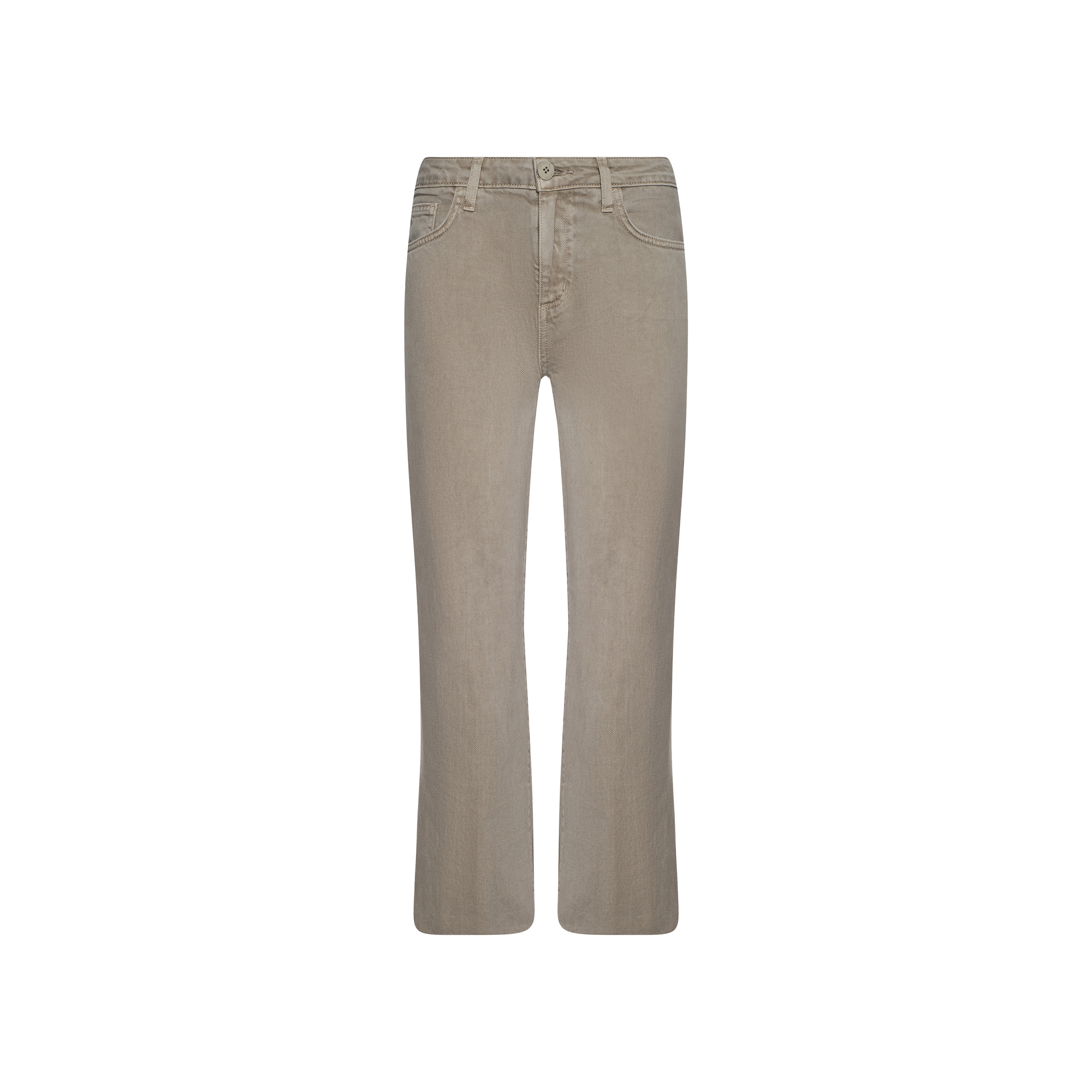 Wanda Cropped Wide-Leg Jean in a neutral tan hue, featuring a front button and zipper closure, five pockets, and subtle faded detailing, displayed on a plain white background.