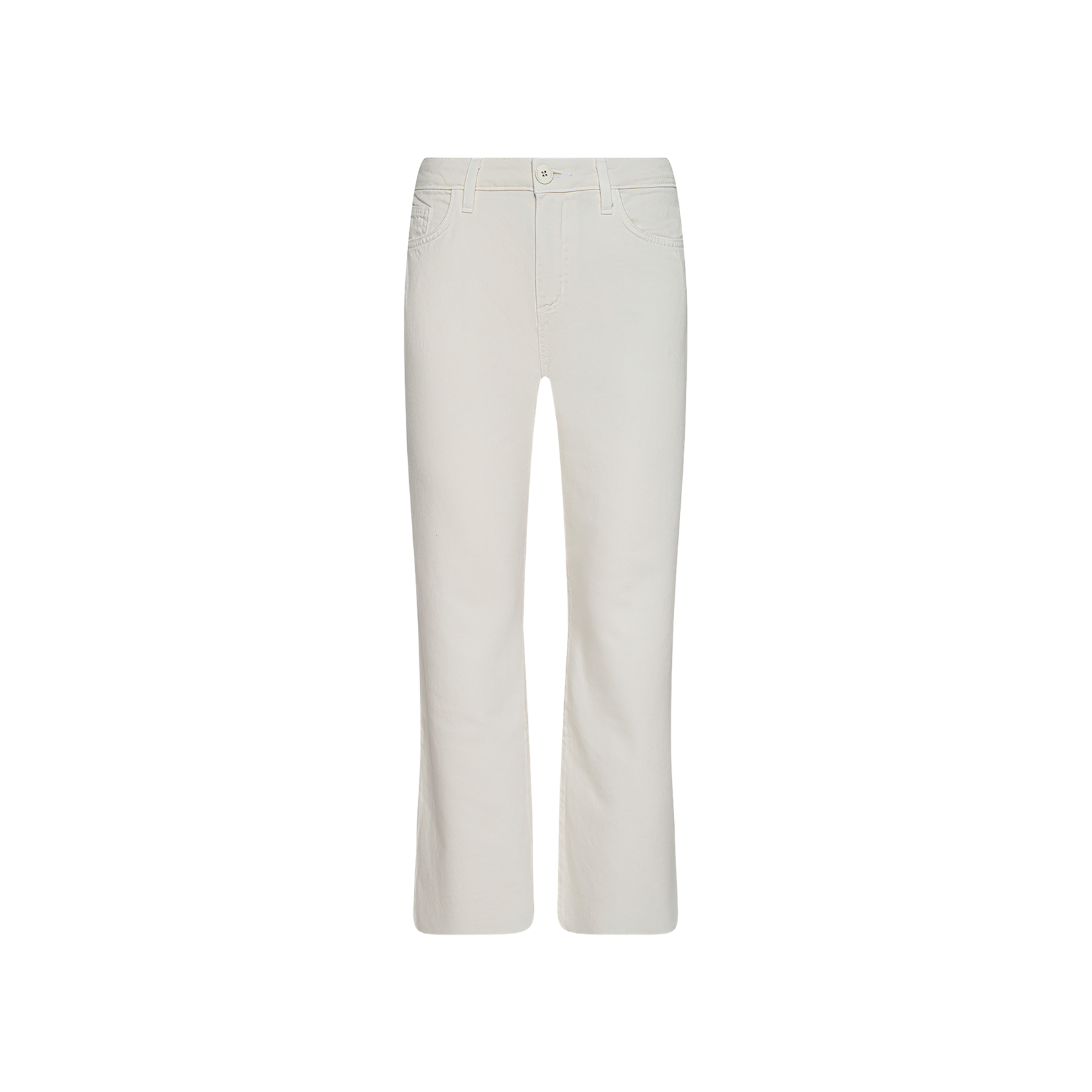 The Wanda Cropped Wide-Leg Jean, crafted from lightweight denim in white, features a button and zip closure with both front and back pockets, displayed on a plain white background.