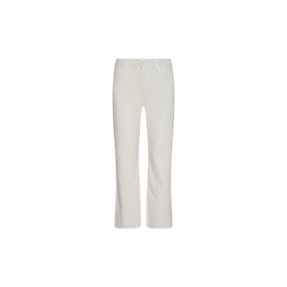 The Wanda Cropped Wide-Leg Jean, crafted from lightweight denim in white, features a button and zip closure with both front and back pockets, displayed on a plain white background.