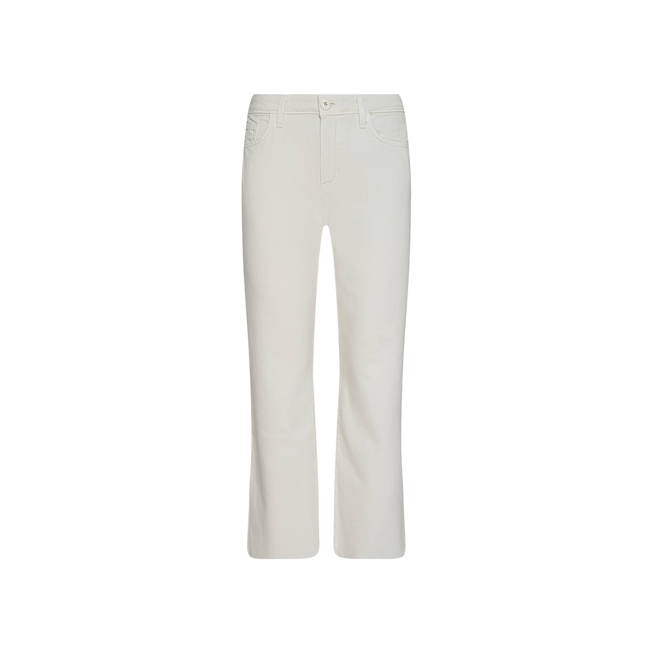 Wanda Cropped Wide-Leg Jeans in an ecru wash displayed on a plain white background, featuring a button and zipper closure, front and back pockets, and belt loops. Crafted from lightweight denim for comfortable all-day wear.
