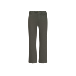 Wanda Cropped Wide-Leg Jean in olive green, featuring a wide-leg silhouette, raw unfinished hem, front and back pockets, and a button closure, displayed on a white background.