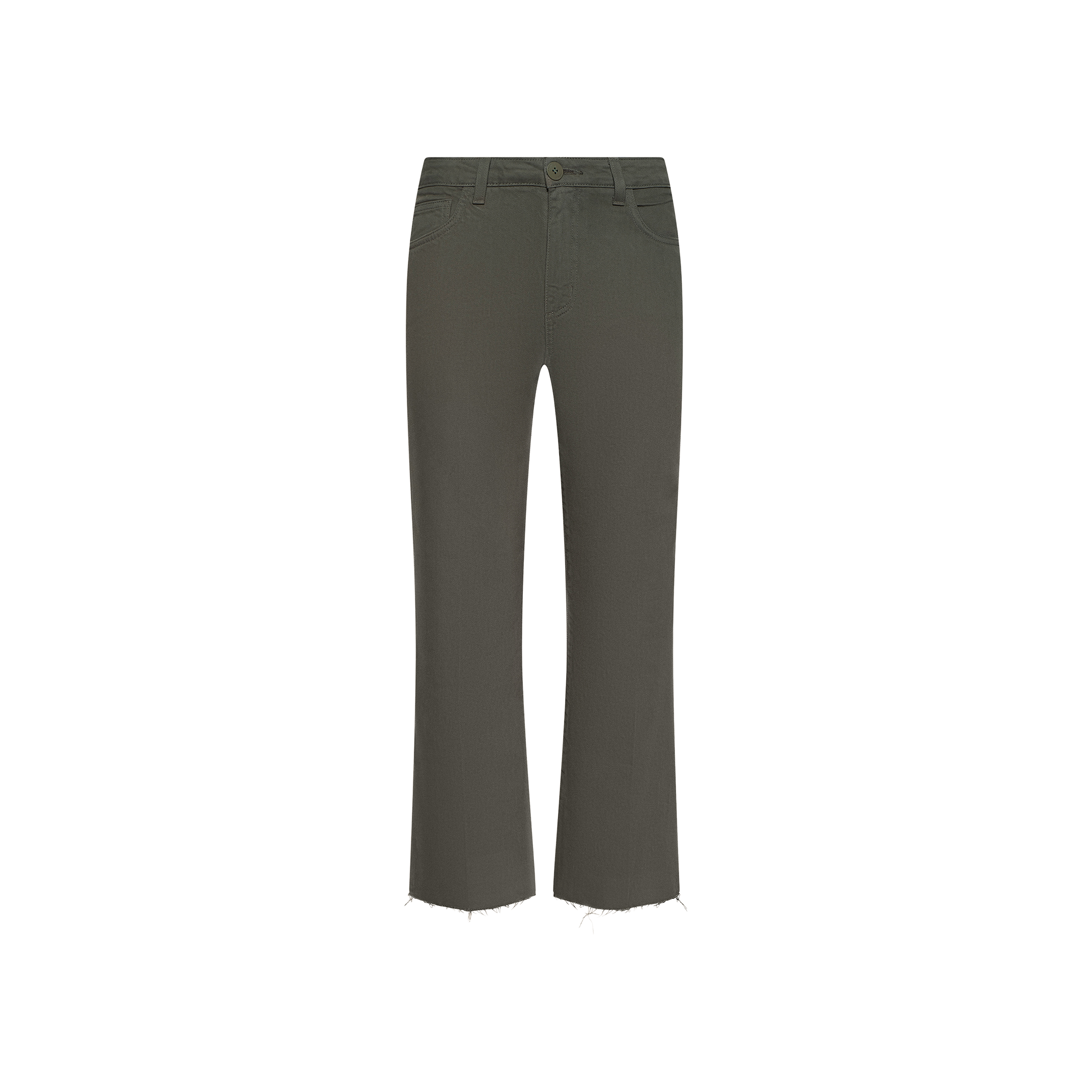 Wanda Cropped Wide-Leg Jean in olive green, featuring a wide-leg silhouette, raw unfinished hem, front and back pockets, and a button closure, displayed on a white background.