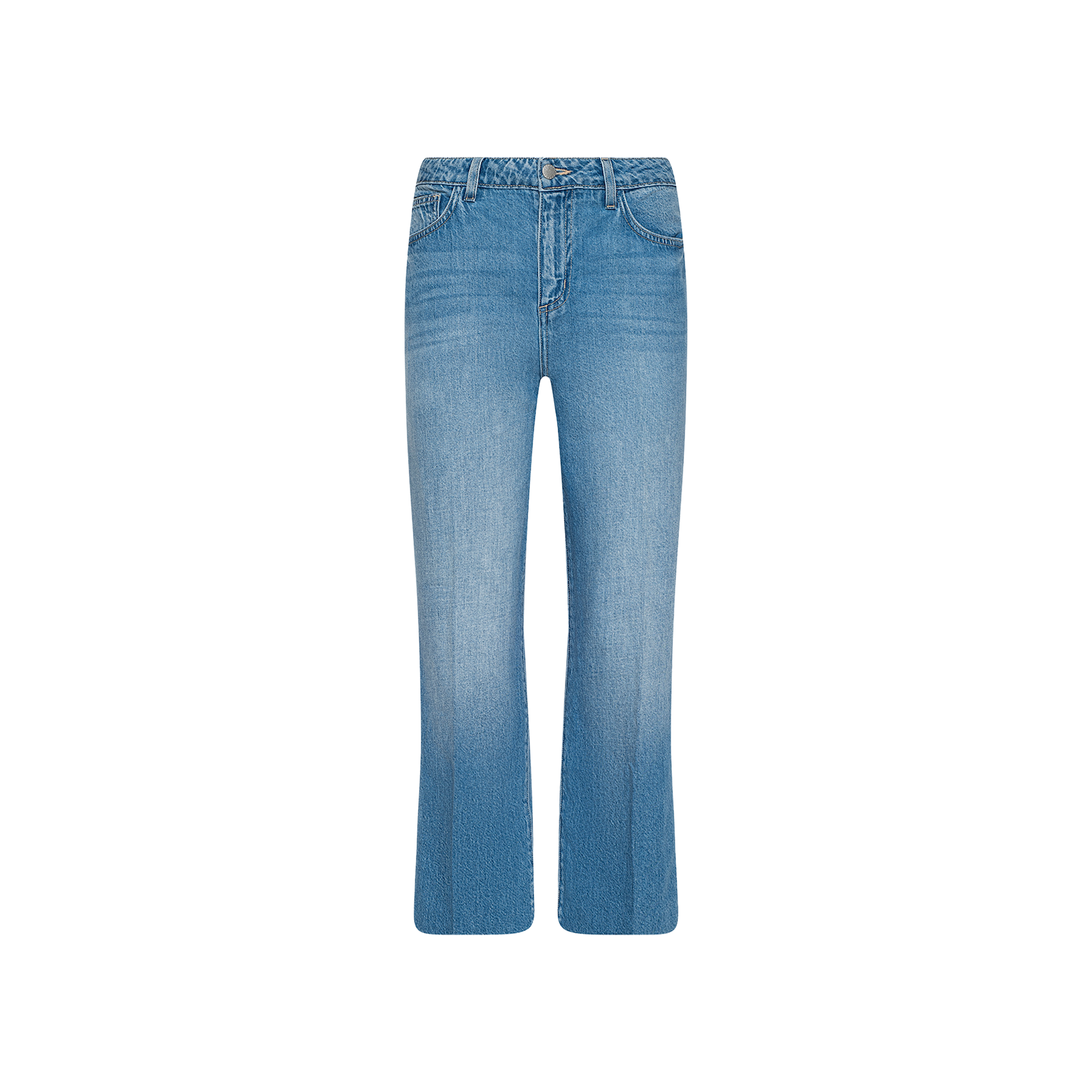 Wanda Cropped Wide-Leg Jean in light blue denim, featuring a high waist, front and back pockets, a wide-leg cut with an unfinished hem, displayed on a plain white background.