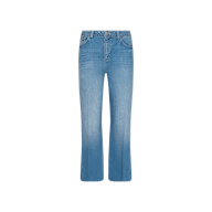 Sure Here’s the revised sentence using your product data: The Wanda Cropped Wide-Leg Jean in light blue is crafted from all-cotton denim and features a high waist, wide, cropped legs, a button and zip closure, as well as front and back pockets, displayed on a plain white background.