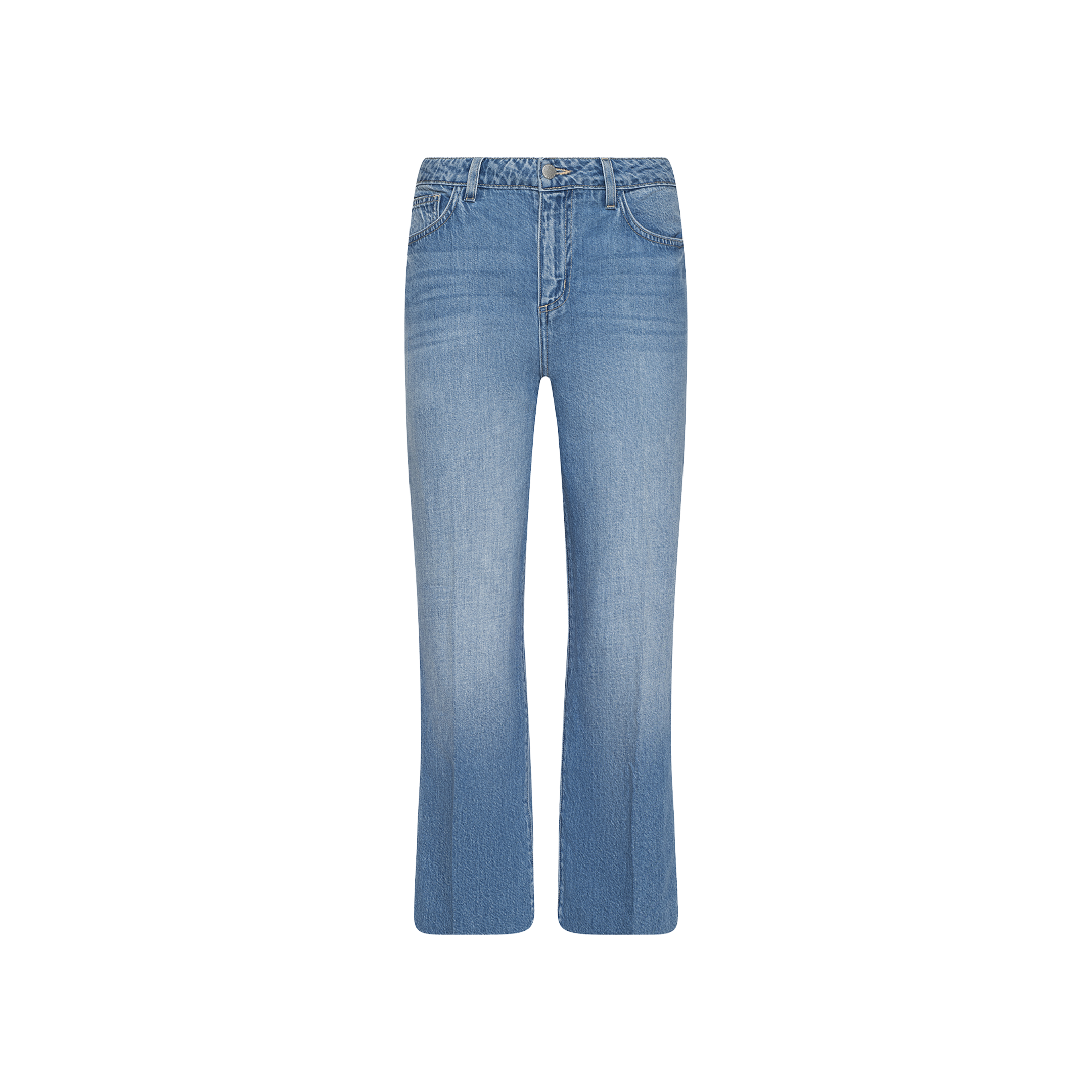 Sure Here’s the revised sentence using your product data: The Wanda Cropped Wide-Leg Jean in light blue is crafted from all-cotton denim and features a high waist, wide, cropped legs, a button and zip closure, as well as front and back pockets, displayed on a plain white background.