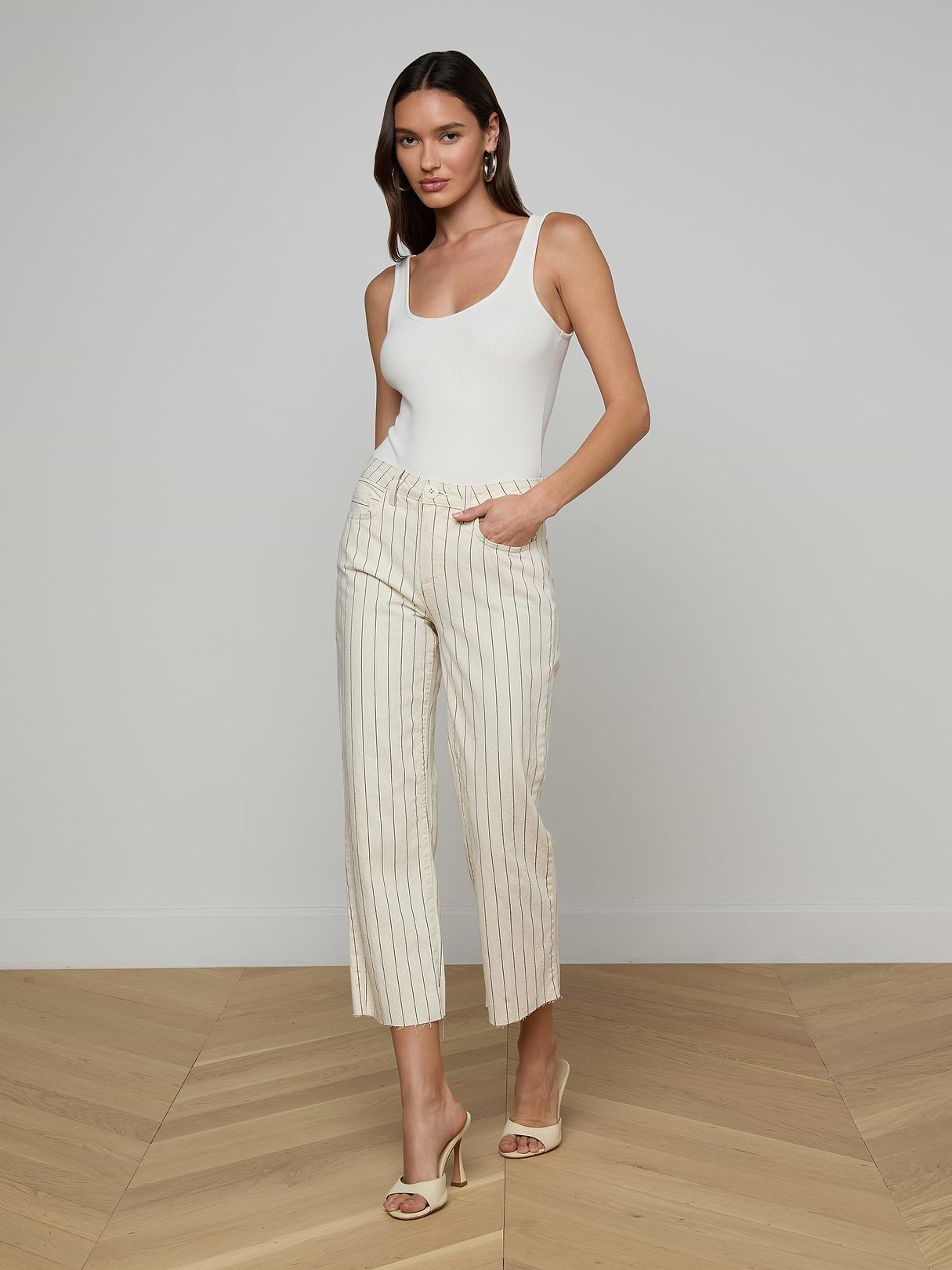 Wanda Cropped Wide-Leg Pant in Ecru/Navy Stripe | L'AGENCE