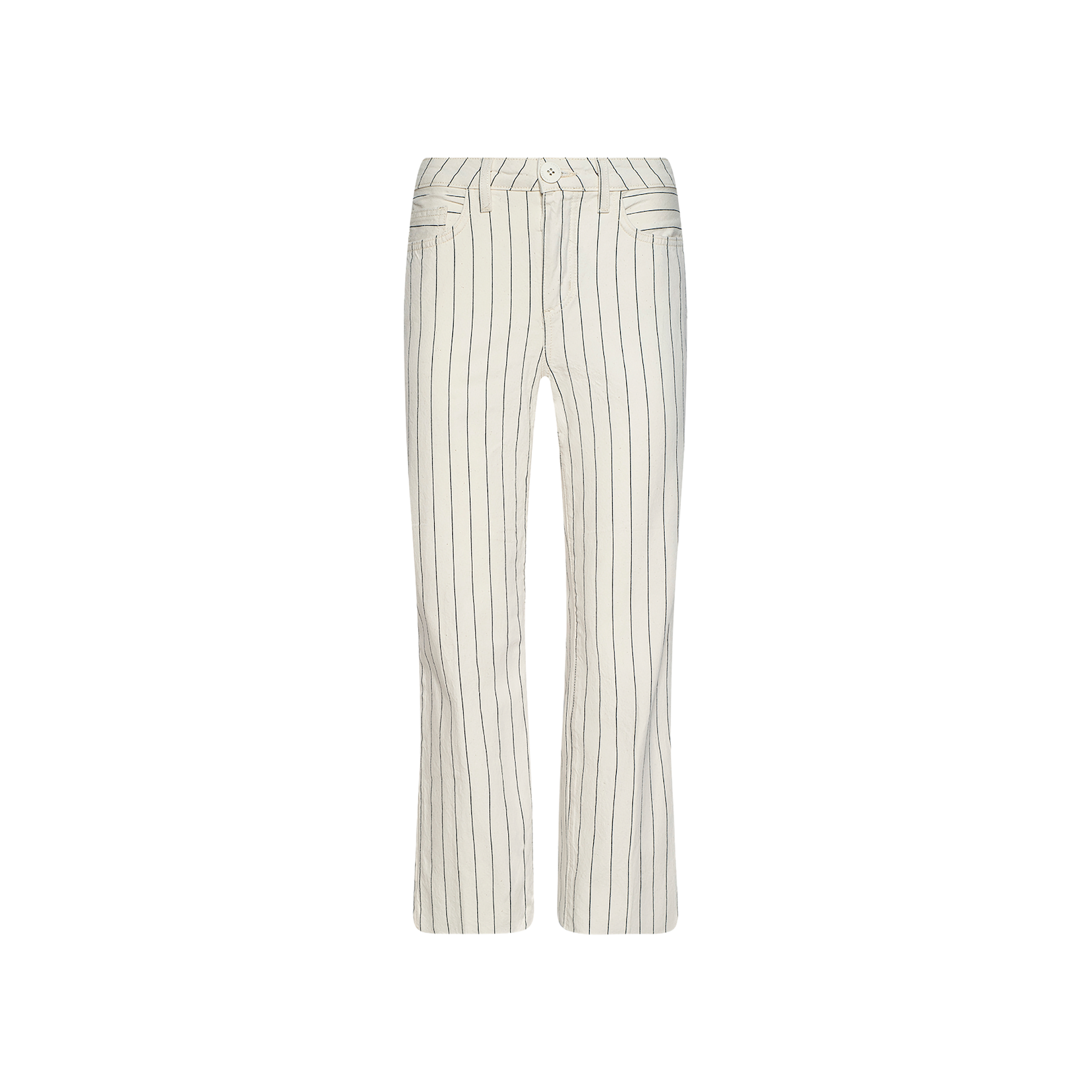 Wanda Cropped Wide-Leg Pant featuring a nautical stripe pattern with thin vertical black stripes, front zipper and button closure, front pockets, and a cropped wide-leg cut, displayed against a plain white background.
