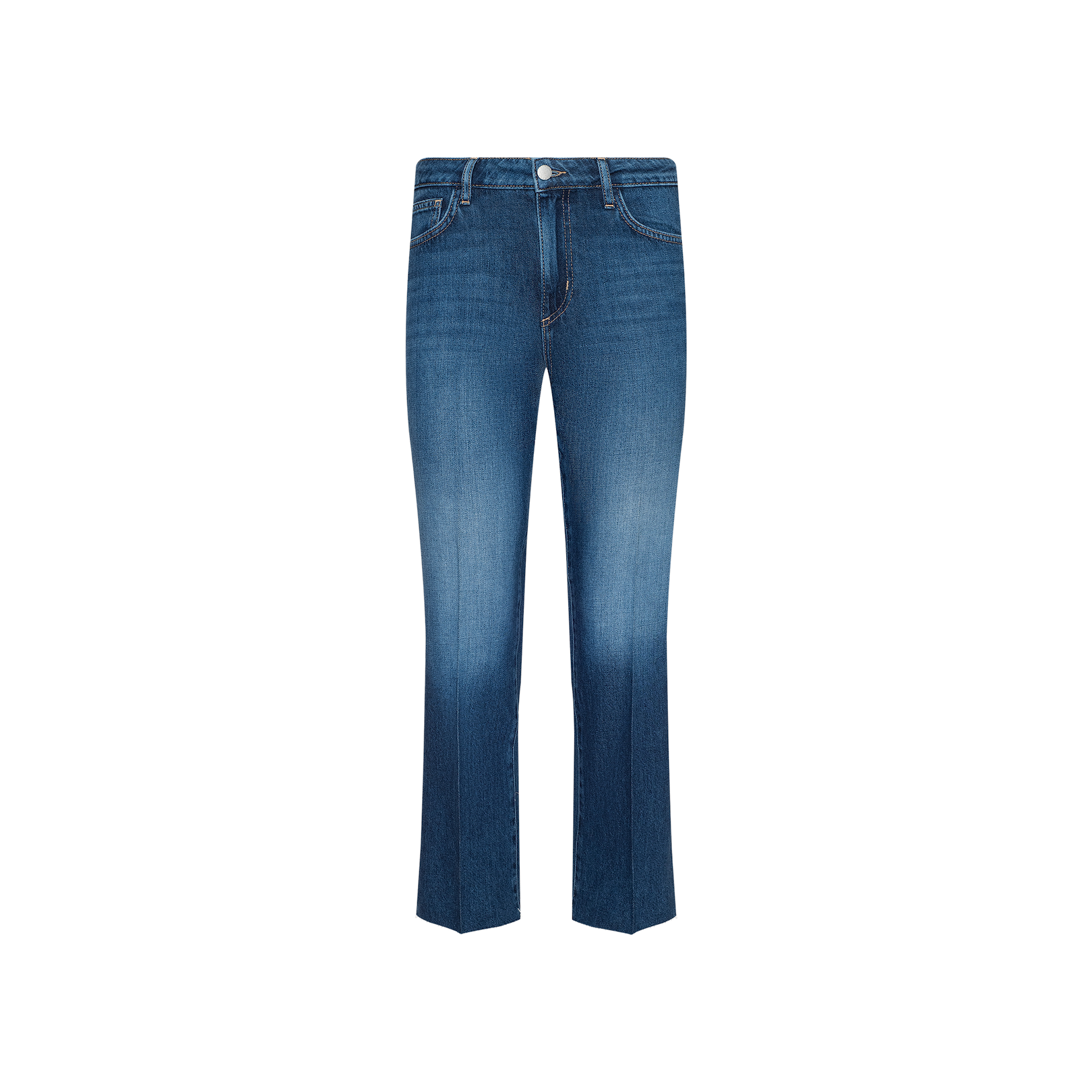 A pair of Wanda Cropped Wide-Leg Jeans in blue featherweight denim, featuring a wide-leg cropped silhouette, subtle front thigh fading, classic front and back pockets, and a button closure, displayed against a plain white background.