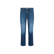 Wanda Cropped Wide-Leg Jean in blue features a high-rise waist, wide-leg silhouette, and subtle fading on the thighs. Crafted from featherweight denim, these jeans include front and back pockets, belt loops, and a button closure. Displayed on a plain white background.