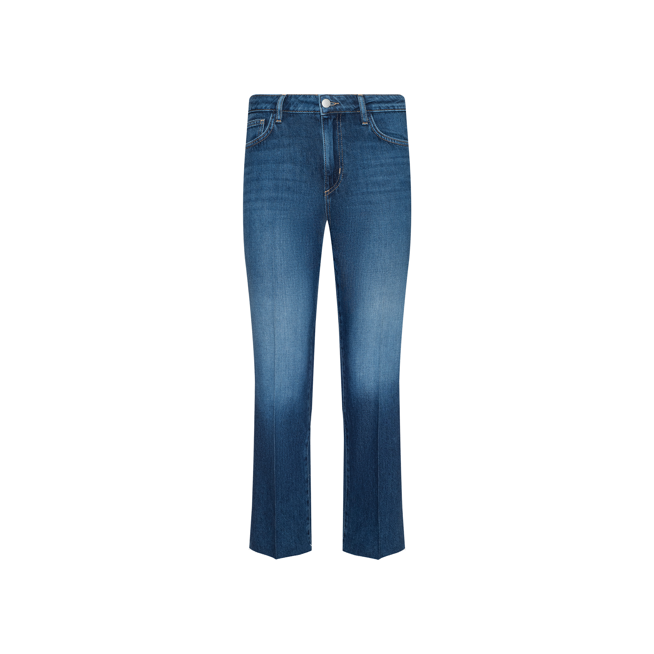 Wanda Cropped Wide-Leg Jean in blue features a high-rise waist, wide-leg silhouette, and subtle fading on the thighs. Crafted from featherweight denim, these jeans include front and back pockets, belt loops, and a button closure. Displayed on a plain white background.