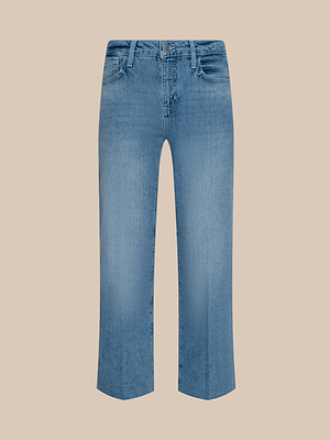 The Wanda Cropped Wide-Leg Jean in light blue wash features a button and zipper closure, front pockets, belt loops, and wide-leg cropped design, displayed on a plain beige background.