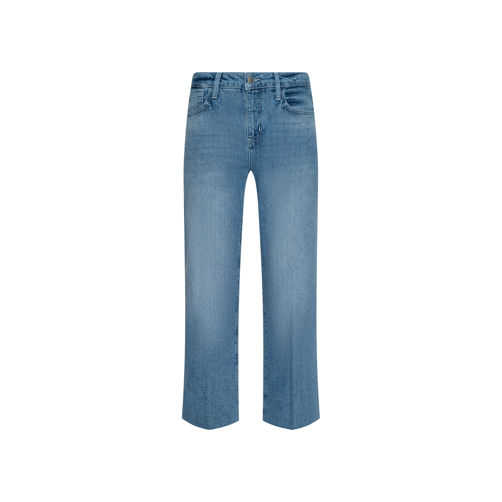 The Wanda Cropped Wide-Leg Jean is showcased on a plain white background. Featuring a classic five-pocket design, button and zipper closure, and a slightly faded light blue wash, these jeans add an effortless touch of Parisian style to your everyday wardrobe with their modern cropped wide-leg silhouette.