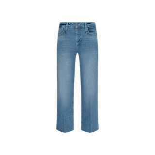 The Wanda Cropped Wide-Leg Jean is showcased on a plain white background. Featuring a classic five-pocket design, button and zipper closure, and a slightly faded light blue wash, these jeans add an effortless touch of Parisian style to your everyday wardrobe with their modern cropped wide-leg silhouette.